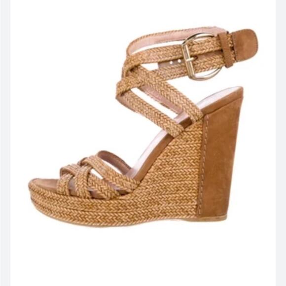 Stuart Weitzman Shoes - Stuart Weitzman Reins Camel Braided Leather Platform Wedge Sandal brown size 7